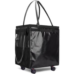 (Medium) Fanwoli Reusable Grocery Bag on Wheels with Upgraded Wrinkle-Resistant Fabric | Enhanced Stability Wheels & Extended Handle | Foldable Shopping Trolley for Laundry, Carries Up to 66 L