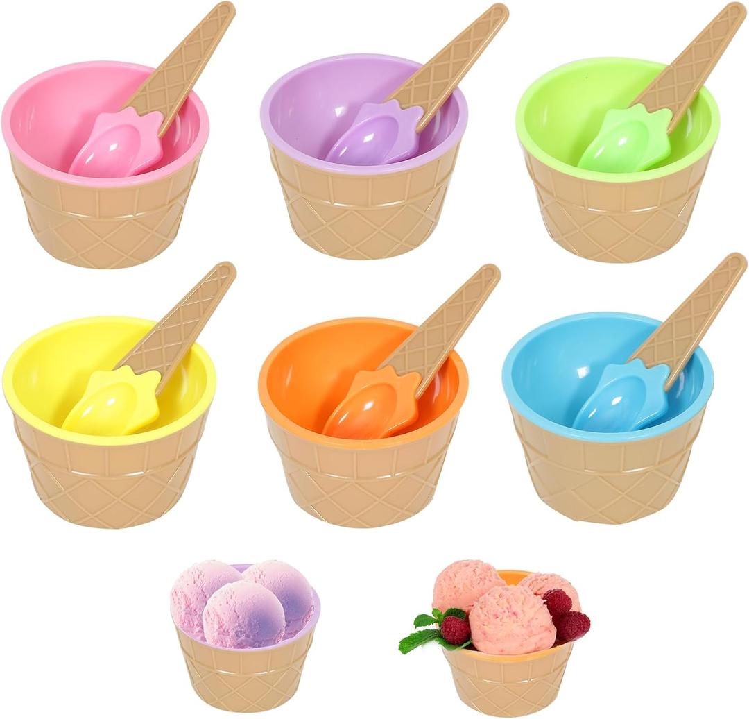 Hbaushun 6 Pack Plastic Ice Cream Bowls with Spoons,Reusable Plastic ice Cream Cups,Cartoon Candy Colorice Cream Bowls Set for Sundae Frozen Yogurt Summer Holiday Parties