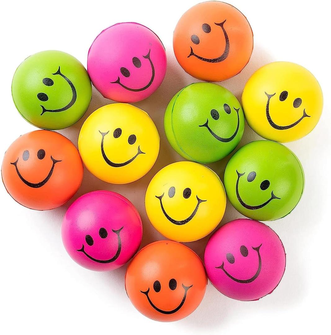 Neliblu Neon Smile Stress Balls for Adults and Kids - Foam Squeeze Ball for Relaxation and Fun - Pack of 12 Happy Face 2.5-Inch Squeeze Balls - Ideal for Parties, Therapy, and Toys