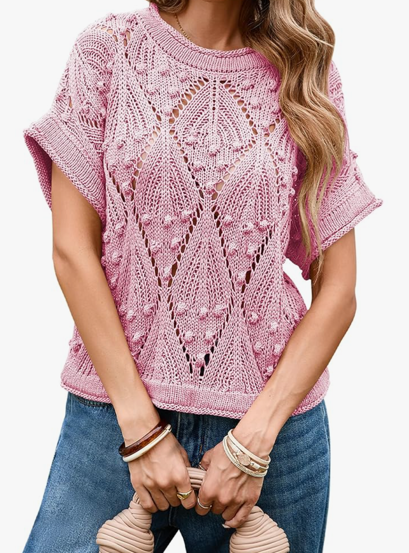 Cakulo Short Sleeve Summer Crochet Sweaters for Women Lightweight 2025 Boho Crop Tops Knit Pullover Sweater L