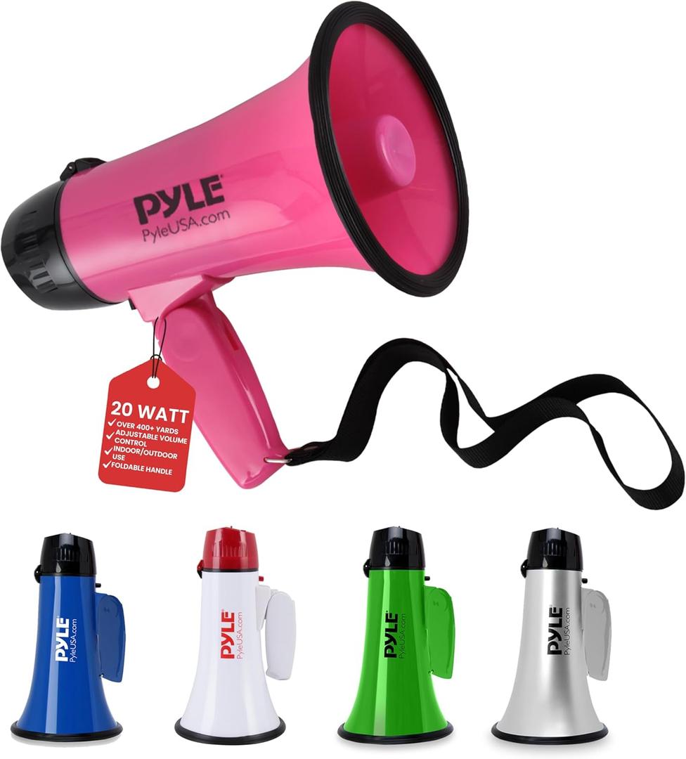 PYLE-PRO Portable Megaphone Speaker Siren Bullhorn - Compact and Battery Operated with 20 Watt Power, Microphone, 2 Modes, PA Sound and Foldable Handle for Cheerleading and Police Use PMP24PK (Pink)