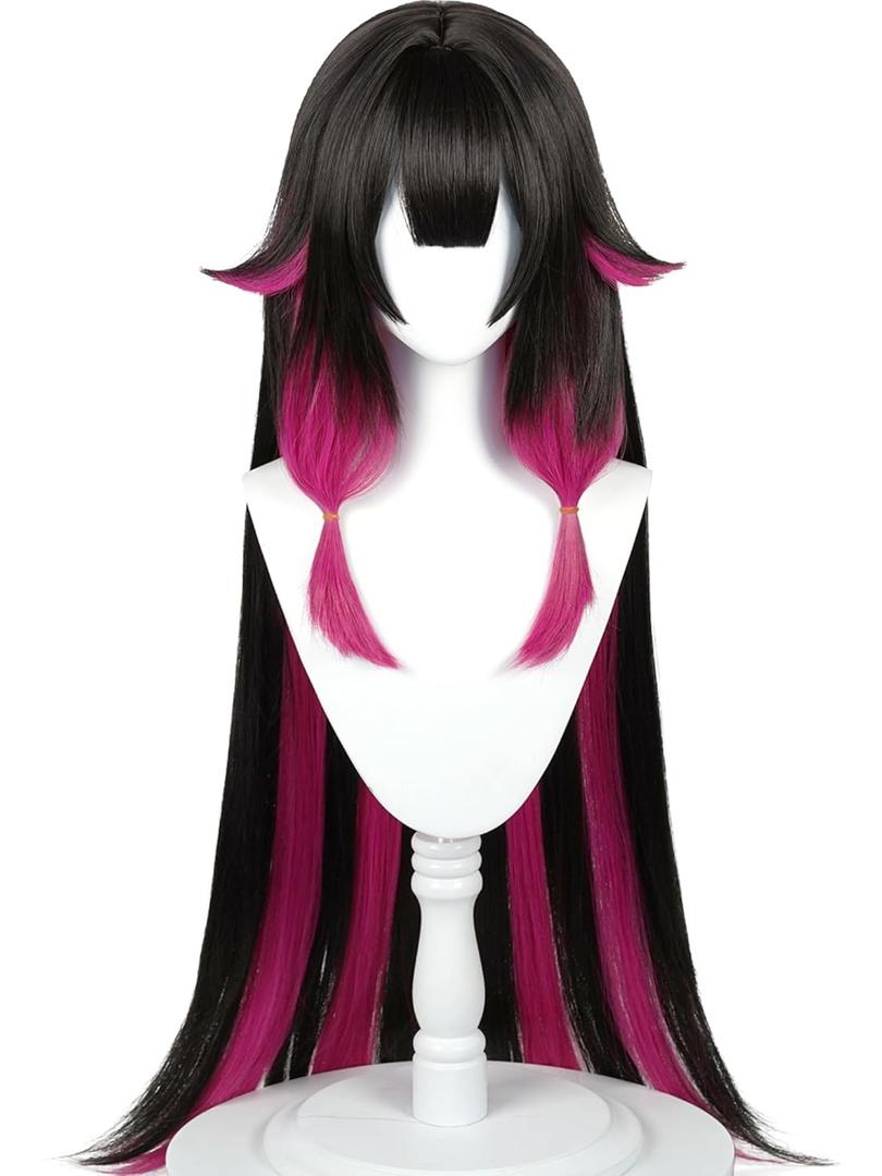 Half and Half Vam-pire Costume Wig Long Straight Black Rose Red Wig with Bangs 41'' Synthetic Hair for Women Halloween Party (Colombina Damselette)