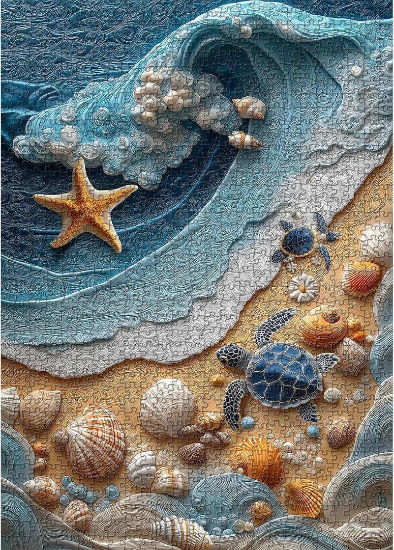 PICKFORU Beach Puzzles for Adults 1000 Pieces, Ocean Wave Seashell Puzzle Turtle, Unique Coastal Seaside Puzzle Challenge Wall Art Decor