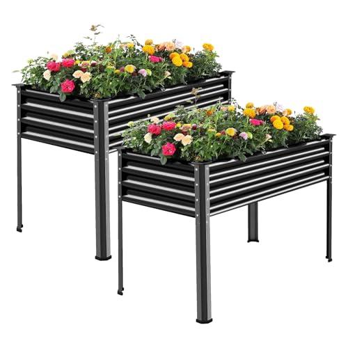 Land Guard 2Pcs Galvanized Raised Garden Bed with Legs, 48×24×32in Large Metal Elevated Raised Planter Box with Drainage Holes for Backyard, Patio, Balcony, 400lb Capacity (Gray)