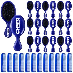 SiliFine 24 Pcs Cheer Hair Brush Detangling Cheer Hair Comb Set Include 12 Mini Brush for Hair 12 Fine Wide Combs Wet Dry for Team Gift Sport Cheerleader Gifts for Women(Blue)