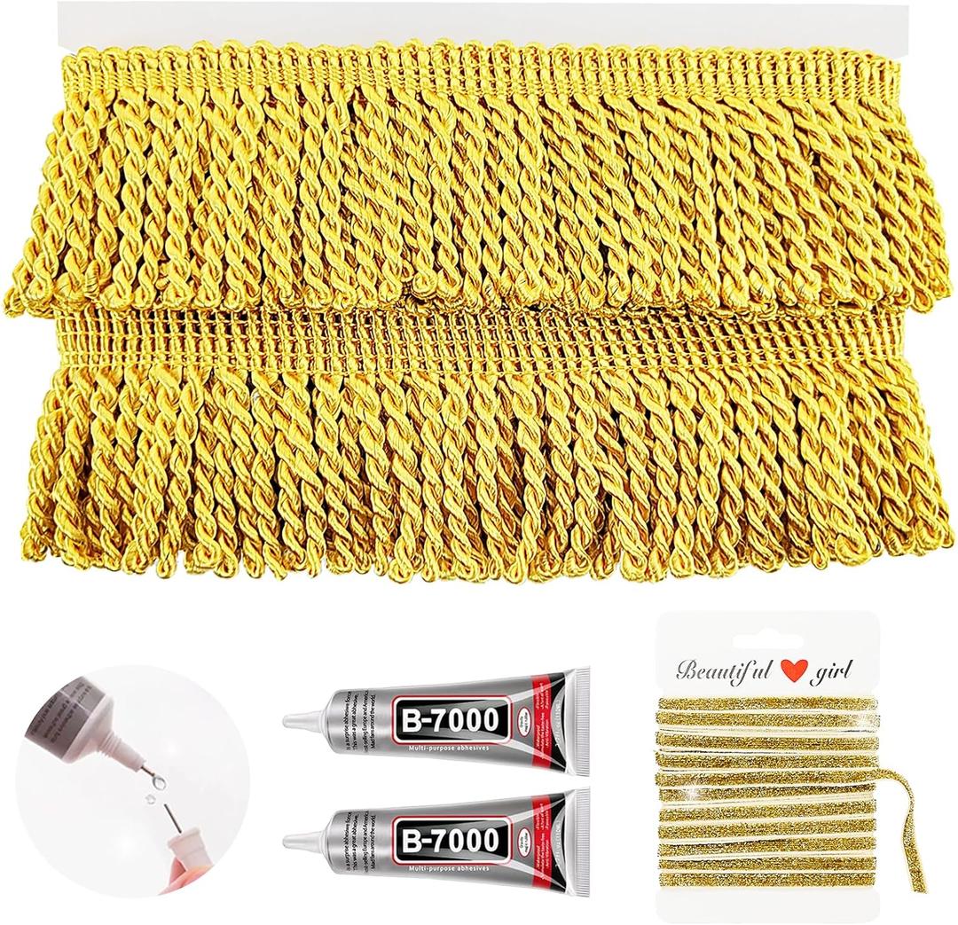 Gold Bullion Fringe Trim, 6 Yards X 2.2 Inch Fringe with B7000 Glue, Tassels Trim for Crafts Sewing by The Yard for Clothing Curtain Sofa