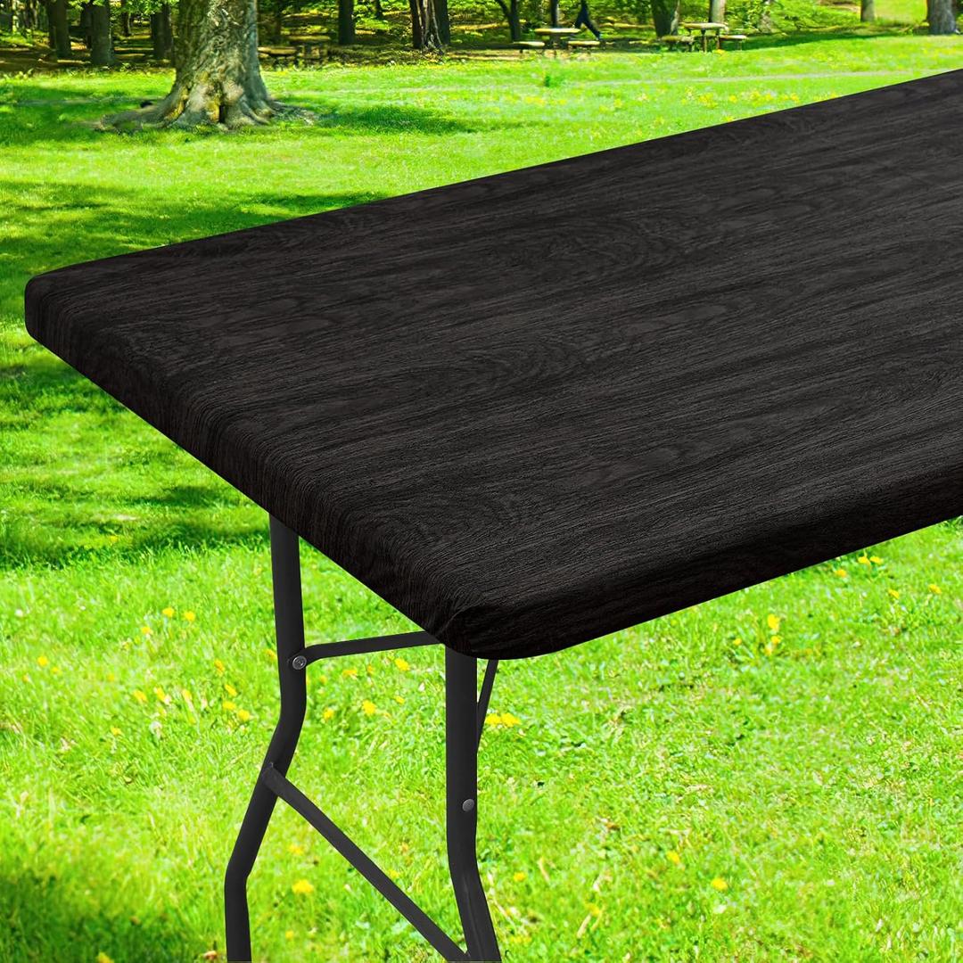 Smiry Rectangle Table Cloth Cover, Waterproof Elastic Fitted Picnic Tablecloth for 4 Foot Tables, Wipeable Flannel Backed Vinyl Tablecloths for Camping, Dining, Outdoor (Black & Brown, 24" x 48")