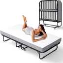 Decofy Folding Bed with Memory Foam Mattress, Portable Rollaway Guest Beds on Wheels, 75"x38" Twin Size Space-Saving Cot-Size Bed for Adults with Easy Assembly Metal Frame (White)