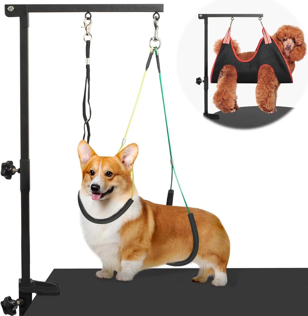 Dog Grooming Arm with Pet Grooming Hammock, getlstub 35" Pet Grooming Table Arm with Adjustable No Sit Haunch Holders, Dog Grooming Stand with Loop Noose for Small and Medium Pets (Black)