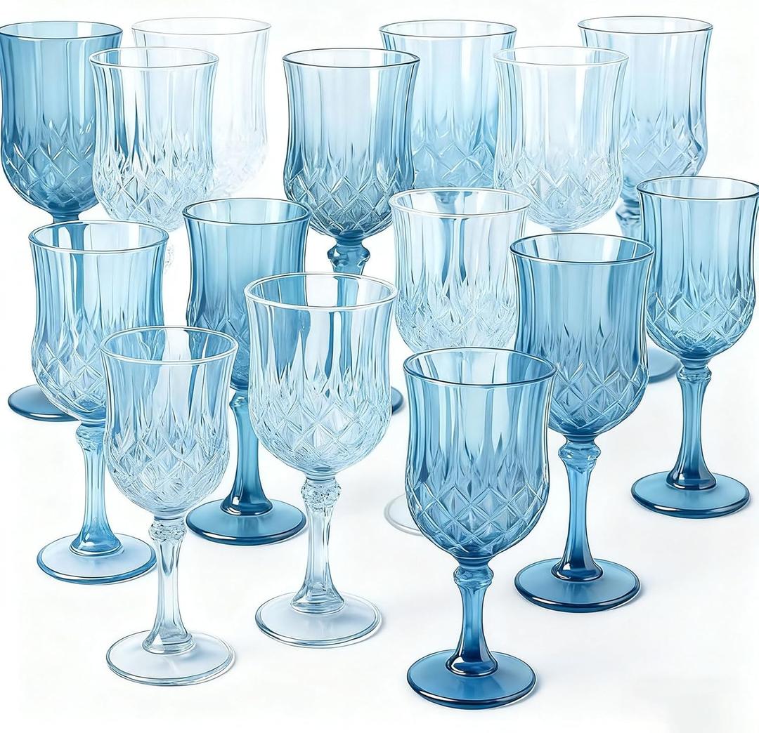 Vesici 24 Pcs Plastic Vintage Wine Glasses 7oz Reusable Colored Goblets Unbreakable Patterned Stemmed Drinking Glasses Drinkware Cup for Wedding Reception Party Supplies (Blue)