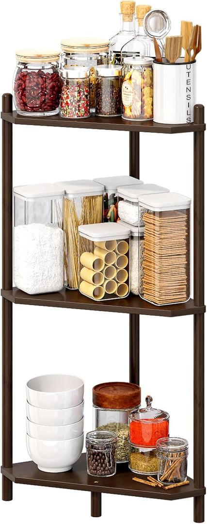 Corner Shelf Stand - 3 Tier Bamboo Small Corner Bookshelf for Office Kitchen Bedroom Plant Stand Living Room Decor Small Space (Brown3 Tier)