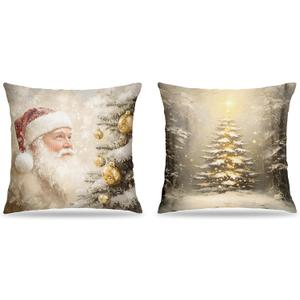 Vintage Christmas Tree Santa Pillow Covers 18x18 Set of 2, Nostalgic Christmas Decor, Rustic Neutral Holiday Winter Xmas Decorative Pillow Covers for Home Living Room Bedroom
