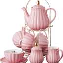 Jusalpha Fine China Pink Coffee Cup/Teacup Set, 8 OZ Cups& Saucer Service for 4, with Teapot-Sugar Bowl-Cream Pitcher Teaspoons and tea strainer for Tea/Coffee, 17-Pieces (TW Full set) (Serve of 4)