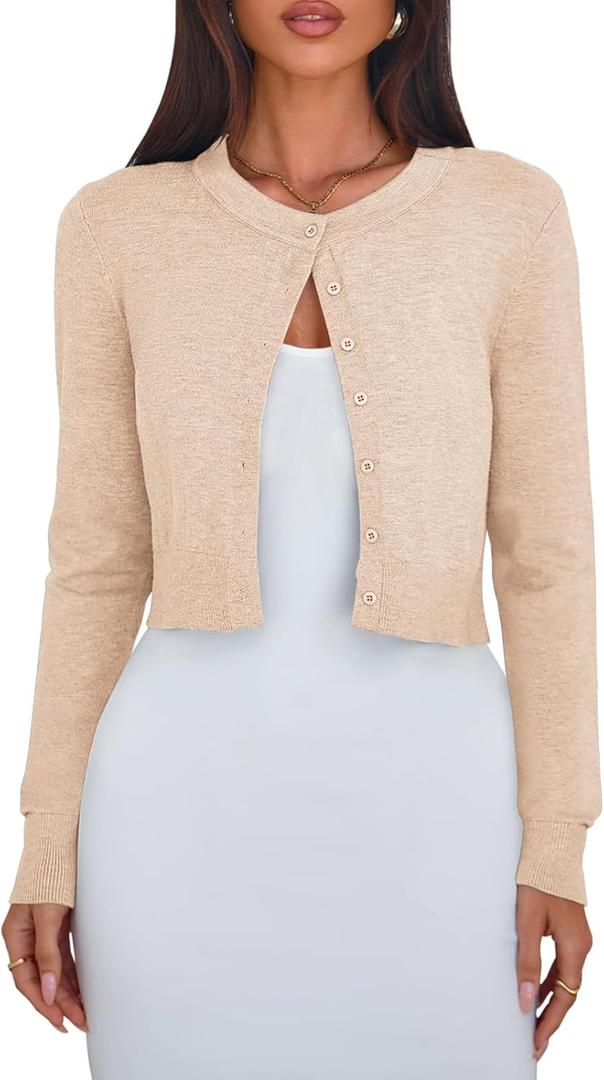 Halife Cropped Cardigan for Women Button Up Long Sleeve Sweater Cardigans Dressy Casual Bolero Shrug for Dresses,S (Camel)