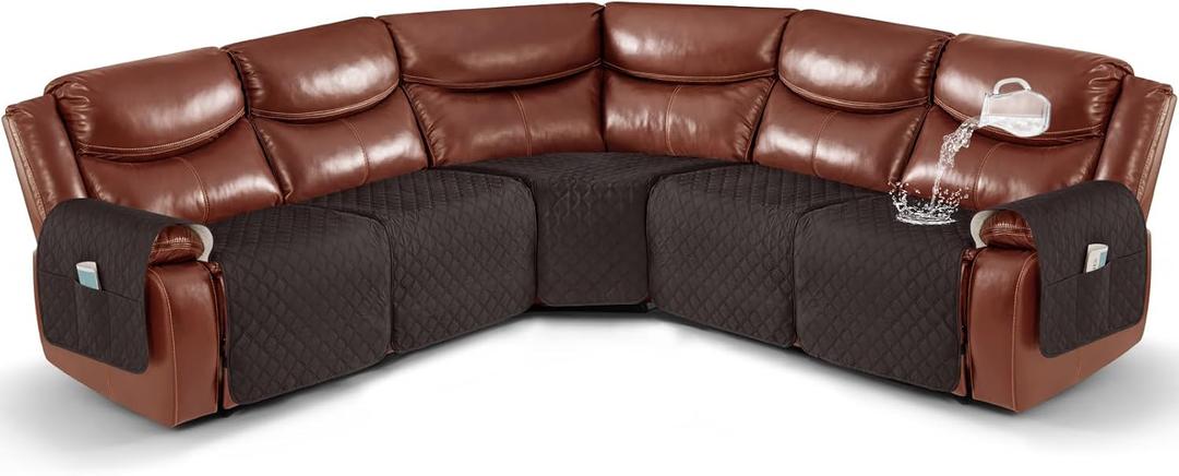 Ruaozz Extra Large Recliner Sectional Couch Covers Waterproof Couch Cover for Reclining L Shape Sofa 5 Seat Reclining Sectional Couch Covers with Pockets (L Shape 5 Seat Recliner Cover, Chocolate)