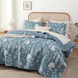 JANZAA Quilt King Size Mineral Blue Quilt Bed Spread Boho Quilt with Floral Pattern Microfiber Quilts Set 3 Pieces Lightweight Comforter Reversible Bedding Set,1Quilt 104x90 inches, 2 Pillowcases