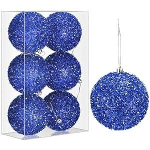 Vertintong 6 Pcs 4 Inch Christmas Tree Tinsel Ornaments for Tree Glitter Sequin Hanging Ornaments Christmas Tinsel Balls Decorations Shatterproof for Xmas Party Holiday Decor(Blue)