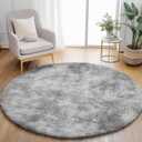 Round Rug for Bedroom, 5'x5' Fluffy Circle Area Rugs for Kids Room, Soft Shaggy Circular Carpet for Nursery Living Room, Non-Slip Home Decor Rug for Teen's Room, Tie-Dye Light Grey