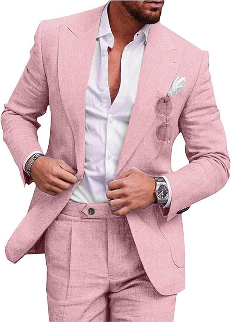 UNINUKOO Linen Suit for Men Summer Wedding 2 Piece Suit Set Peak Lapel Casual Blazer Pants Beach Wear for Men (Large, Light Pink)
