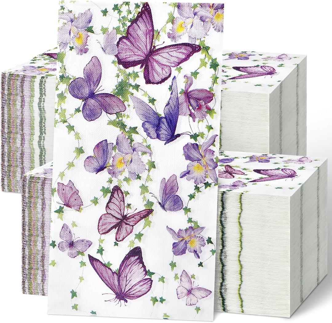 Jetec 200 Count Butterfly Disposable Bathroom Hand Towels Paper Guest Towels for Bathroom Tree Flower Bird Napkin Paper Disposable Guest Napkins for Birthday Holiday Party Supplies