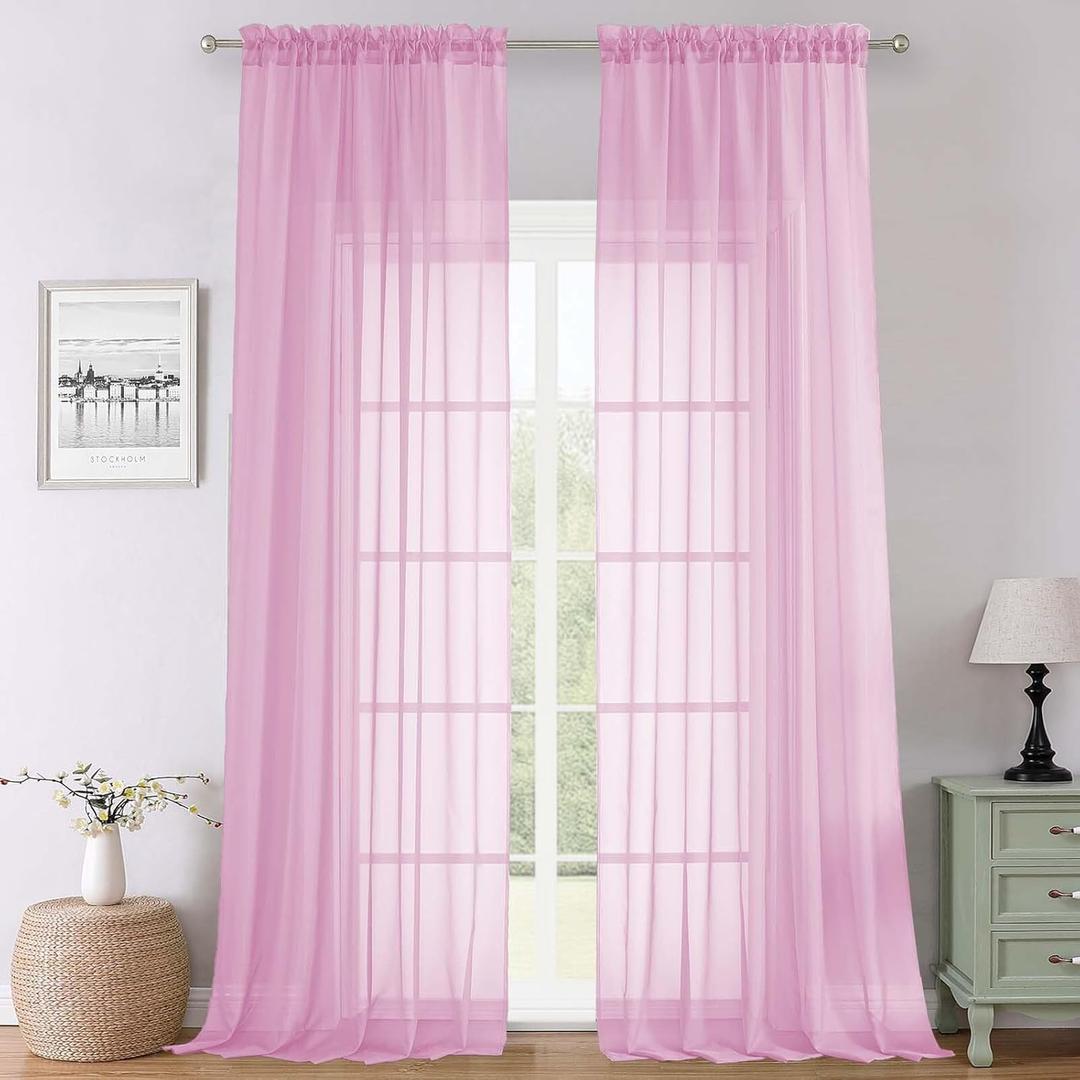 Lecloud Light Pink Sheer Curtains 108 Inches Long 2 Pcs, Airy Light Filtering Rustic Farmhouse Curtains for Bedroom, Dual Rod Pocket Solid Color Living Room Decor Drapes, Each Panel 59" W x 108" L