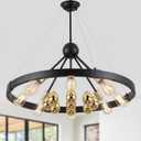 Q&S Black and Gold Wagon Wheel Chandelier,8 Lights Modern Farmhouse Round Circle Golden Eggs Light Fixtures for Dining Room Living Room Bedroom Foyer Kitchen Hotel UL Listed
