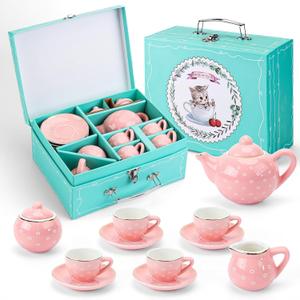 CHENP.HMC Tea Party Set for Little Girls, 13 Piece Sets Kids Tin Tea Party with Cups, Saucers, Plates & Serving Trays, Girls Birthday Gift (Pastel Polka Dots)
