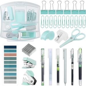 Colarr Mini Office Supply Kit Include Stapler Tape Dispenser Staple Remover Paper Clip Scissor Staple Pen Sharpener Note Small Telescopic Knife for Office Back to School Supplies Student Clerk(Green)