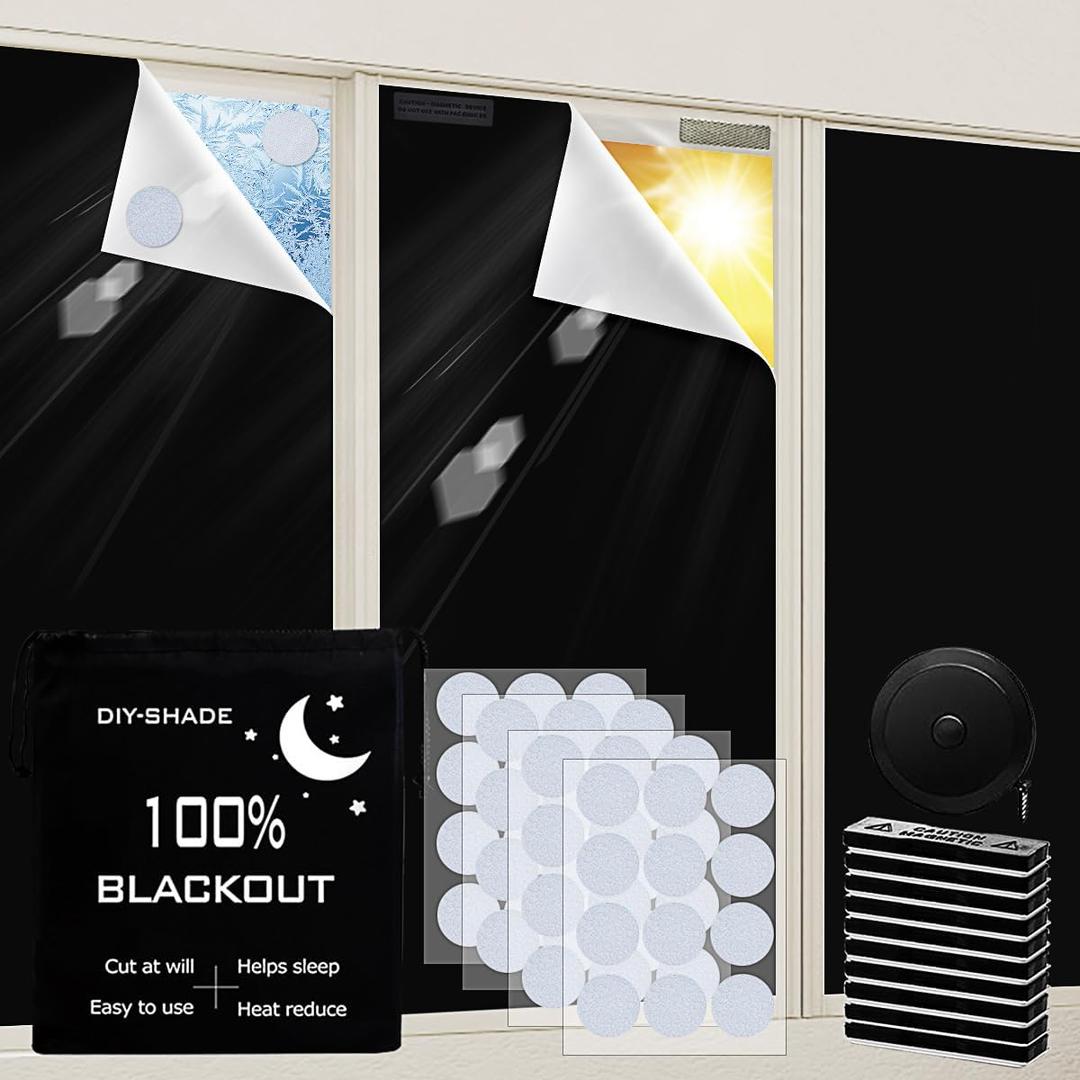 100% Blackout Window Cover Curtains for Bedroom 79x57Inch,No Drill,DIY Cut Portable Black out Shades Blinds Cover for Baby Nursery,RV,Media Room,Removable Hook Loop Tape Straps Stickers,Magnetic Clips