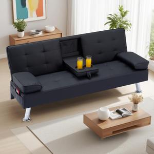 Convertible Loveseat Sofa Sleeper Couch Bed Adjustable PU Leather Upholstery Folding Recliner Sof, Small 2-Seat Futon Sofa&Couch, Modern Accent Accent Couches with Cup Holders for Living Room