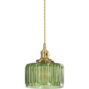 Vintage Pendant Light Fixtures, Brass Socket with ON/Off Switch and Green Glass Lamp Shade Pendant Light for Kitchen Island Farmhouse Living Room (Green,Striped)