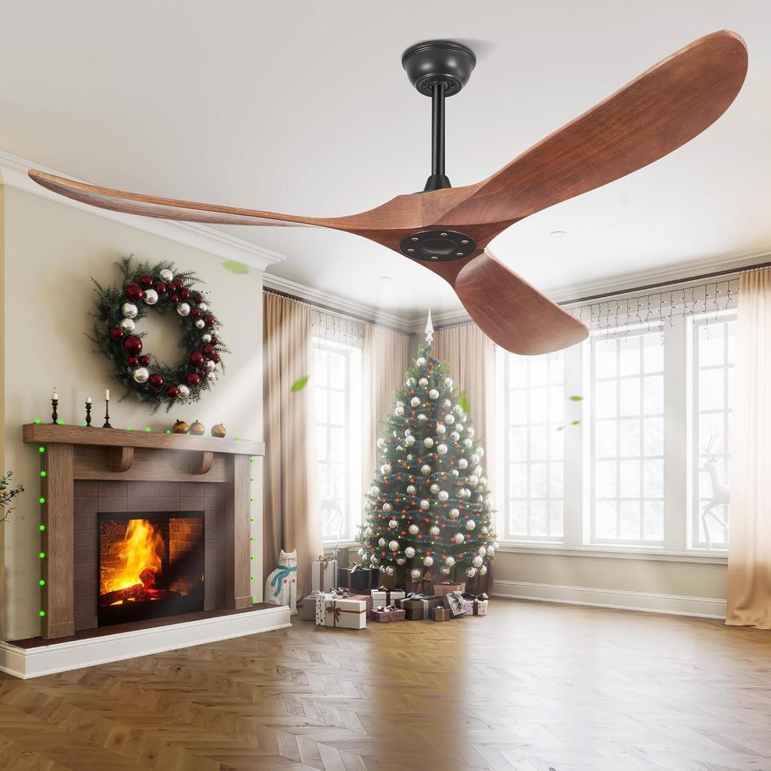 52 Inch Ceiling Fans Without Lights, Indoor/Outdoor Ceiling Fan No Light, 3 Solid Wood Blades, 3 Downrods, Timer, Quiet DC Motor, 6 Speeds Modern Fans with Remote for Patios Bedroom, Dark Walnut (52"D x 52"W x 23"H)