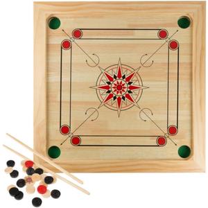 Carrom Board Game - Wooden Strike and Pocket Game Set with Group of Black and Beige Coins, 2 Red Queen Coins, Striker Coin, and Cue Sticks by Hey Play, 26 inches by 26 inches by 0.75 inches