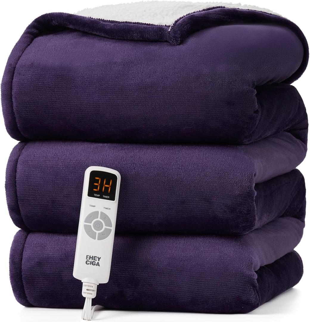 EHEYCIGA Heated Blanket Electric Blanket Throw - Heating Blanket with 9 Heating Levels & 10 Hours Auto Off, Soft Cozy Sherpa Washable Blanket with Fast Heating, 50 x 60 Inches (Purple)