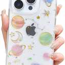 Abbery for iPhone 16 Pro Cases Cute Clear Glitter Space Planet Design Bling Sparkle Stars Moon Kawaii Durable Soft Shockproof Protective Transparent Phone Cover for Women Girls Men