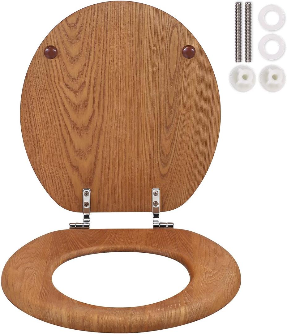 Wooden Toilet Seat Round with Metal Hinges, Wood Toilet Seat for American Standard Size Toilet Seats, Easy to Install