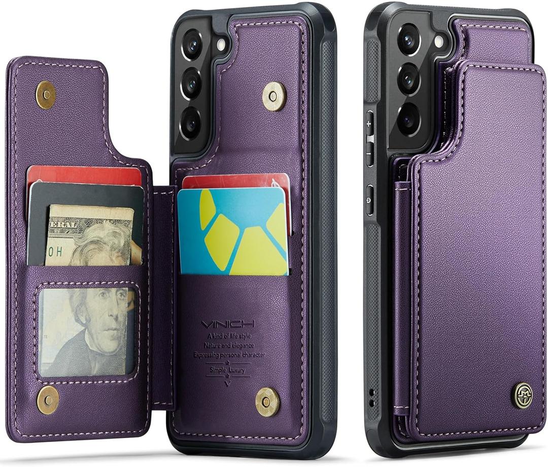 Vinich for Samsung Galaxy S22 Wallet Case with Card Holder, RFID Blocking Credit Slots Kickstand Shockproof Phone Cover for Women Men, Purple