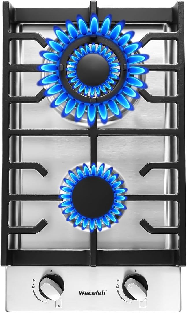 Gas Cooktop 2 Burners Built-in Gas Stove Top,LPG/NG Dual Fuel Continuous Grates,Auto Ignition,Thermocouple Protection,Stainless Steel,Heavy Duty Cast Iron 120V (12 inch)
