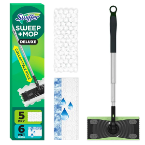 Swiffer Sweep and Mop Deluxe, 2-in-1 Floor Mopping and Sweeping Kit, Kit Includes 1 Sweeper Device, 5 Heavy Duty Dry Sweeping Cloths, 6 Heavy Duty Wet Mopping Cloths