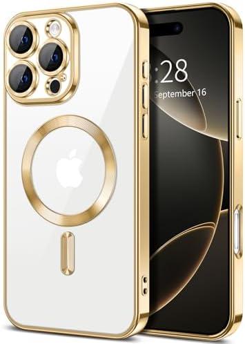 Hython Magnetic Clear for iPhone 16 Pro Case with Camera Lens Protector [Compatible with MagSafe] Luxury Plating Edge Slim Soft TPU Cover Protective Phone Case for iPhone 16 Pro 6.3", Gold