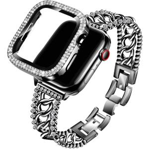 Work for Bling Apple Watch Band Women 44mm, Jewelry Bracelet Bands Metal Strap Sparkly Stainless steel Wristbands with Diamond Rhinestone Case for iWatch SE Series 6/5/4 Black