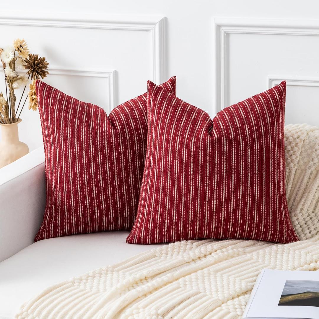 Kevin Textile Valentines Farmhouse Decorative Throw Pillow Covers Boho Woven Texture Burlap Linen Cushion Cover Striped Pillowcase, Wine Red 18 x 18 inches, Pack of 2
