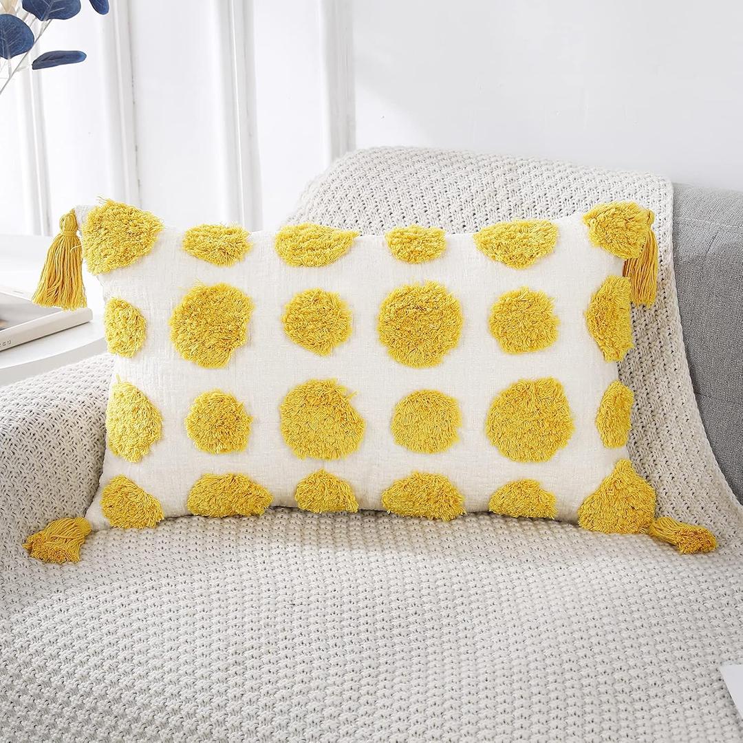 PANOD Super Soft Farmhouse Decorative Plush Throw Pillow Covers 12 x 20 Yellow,Solid Pom pom Tufted with Tassels Modern Accent Boho Lumbar Cushion Cover Pillow Case for Couch Sofa