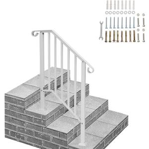 Outvita Handrails for Outdoor Steps, Wrought Iron Handrail Fits 2 or 3 Steps, Transitional Handrail with Installation Kit, Stair Railing for Concrete Steps or Wooden Stairs(White)