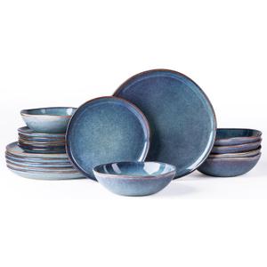 AmorArc Ceramic Dinnerware Sets,Handmade Reactive Glaze Stoneware Plates and Bowls Set,Highly Chip and Crack Resistant | Dishwasher & Microwave Safe Dishes set,Service for 6 (18pc) (Ceylon Blue)