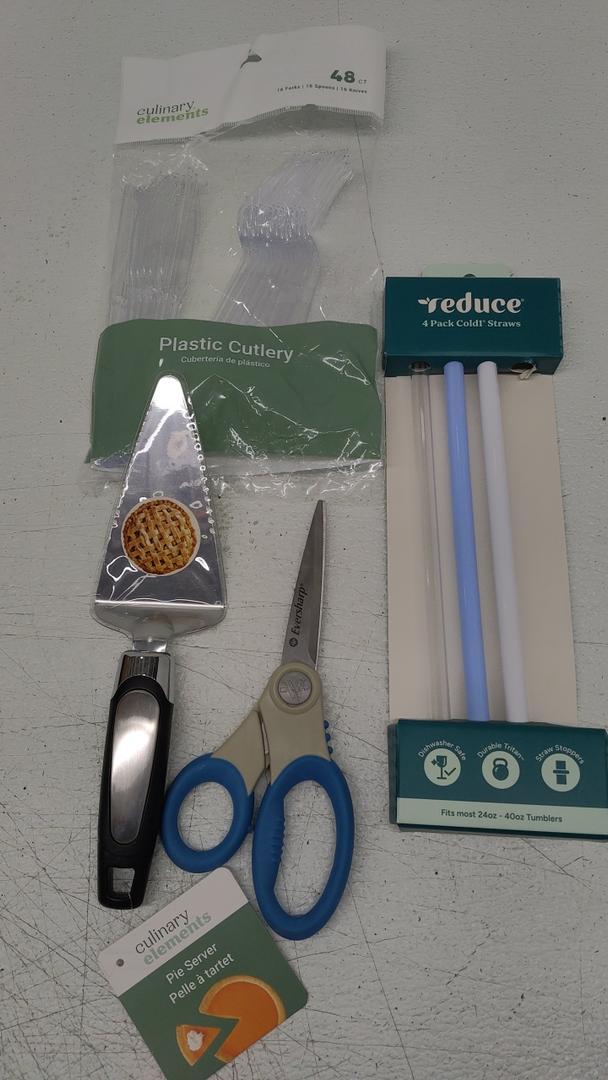 Set Of 4: Straws, Plastic Cutlery, Pie Server, Scissors