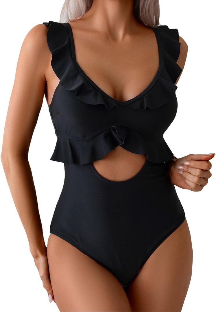 Rainlover Womens One Piece Swimsuits Tummy Control Bathing Suit Cutout High Waisted Ruffle Wrap V Neck Swimwear (Medium, Black)