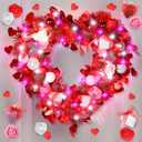 Meonum 12'' Lighted Valentines Day Wreath Heart Rose Wreath for Front Door Romantic Decor, Timer Light up Rose Heart Wreath with Glitter Heart Red Pink White Light for Valentines Day Wedding