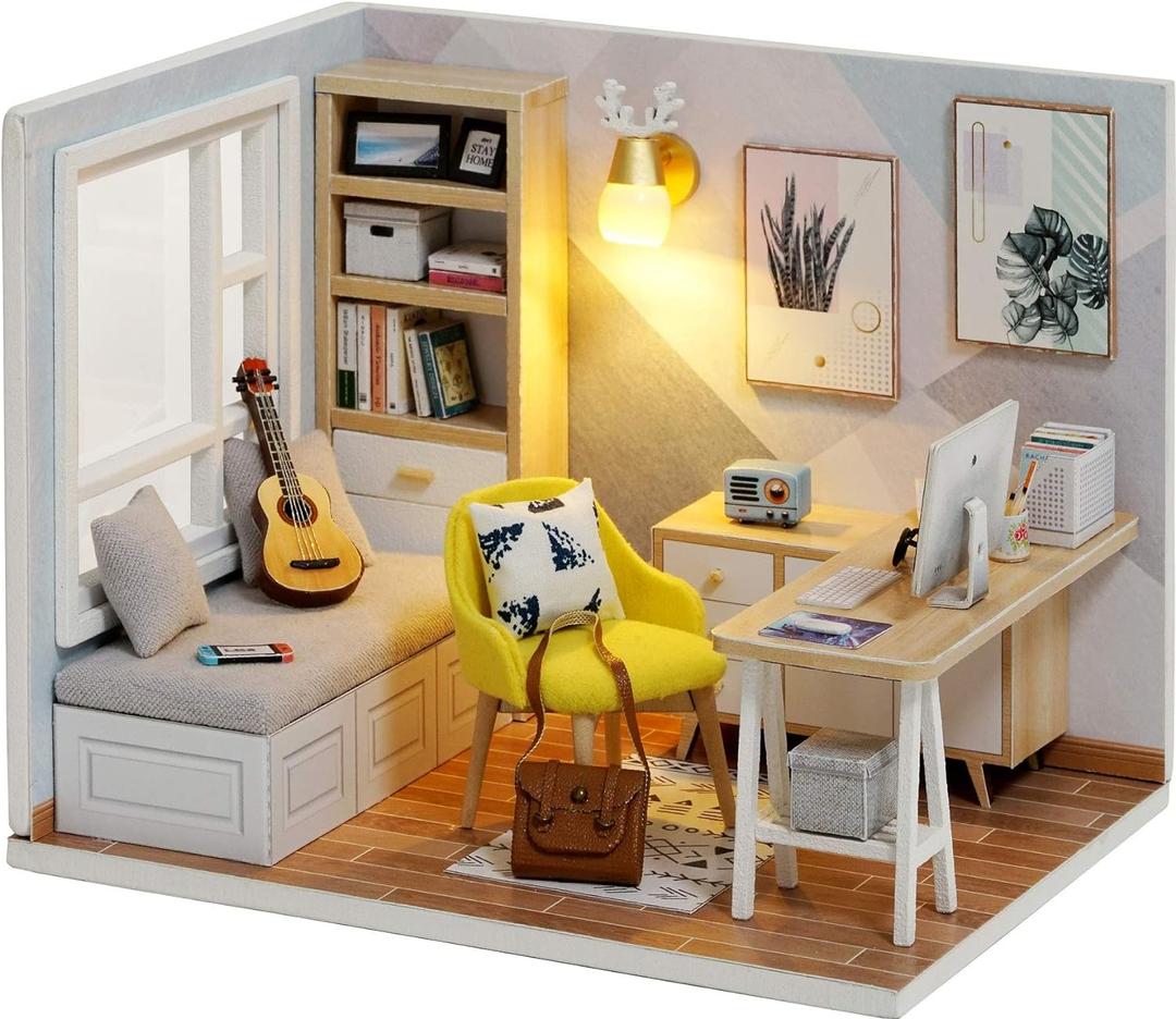 CUTEROOM DIY Doll Room Miniature Furniture Wooden House Kit - Wooden Dolls House Kit with Dust Cover & LED Light and Accessories - QT Series Dollhouse