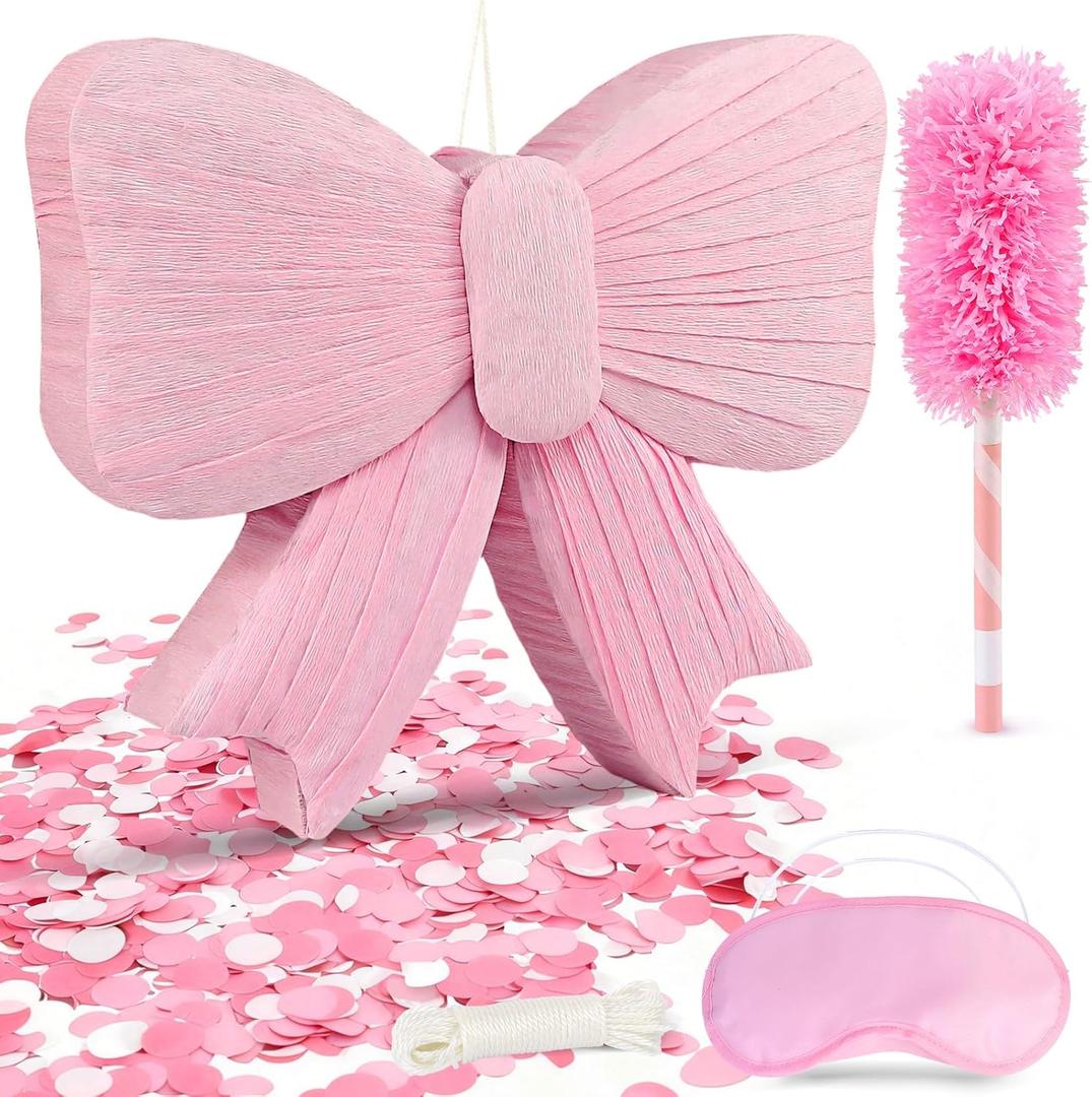 Pink Bow Pinata with Stick and Blindfold, Large Coquette Aesthetic Party Decorations for Girls Birthday, Baby Shower, Bridal Shower, Princess Theme Party Supplies, Includes Confetti & Rope  9.84"L x 7.87"W x 0.39"H
